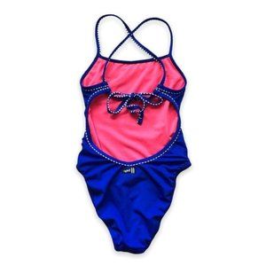 DOLPHIN UGLIES size 32 Blue tie back polyester one piece swim bathing suit